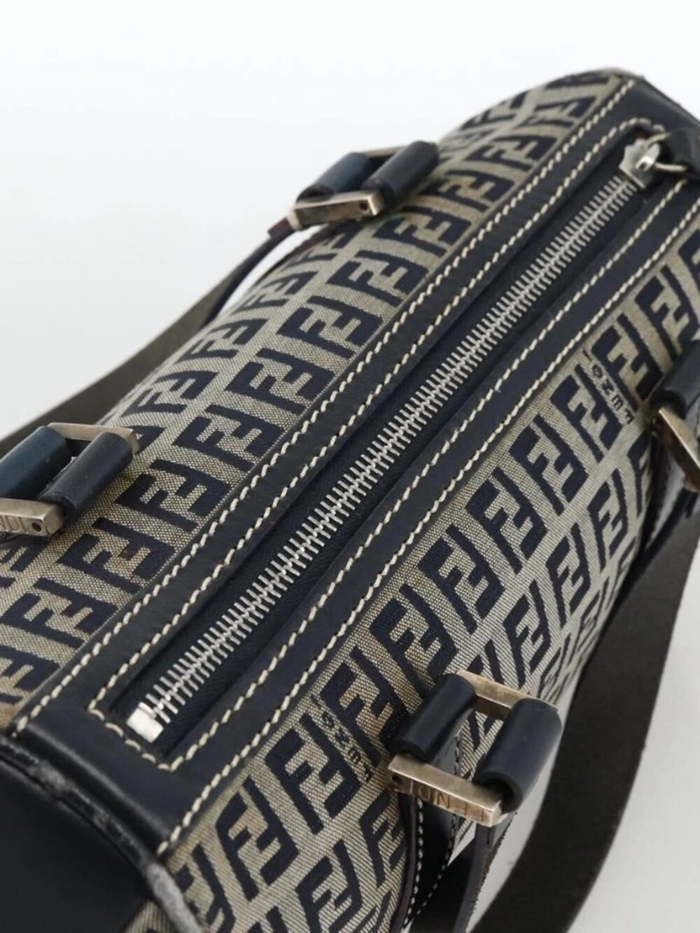 FENDI Zucchino Canvas Hand Bag Navy Silver Auth LNZ205 - Picture 6 of 16
